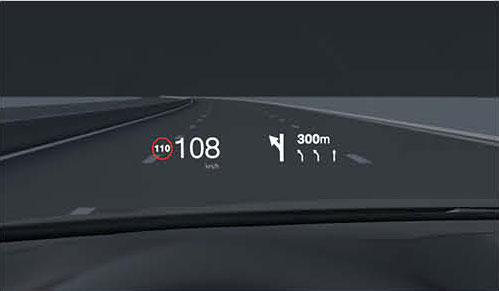 Volvo head-up display showing speed and navigation directions on windshield