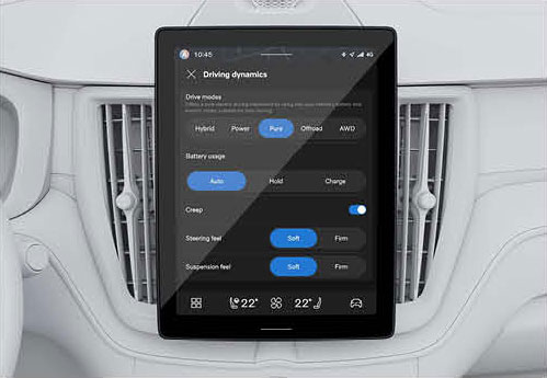 Volvo touchscreen display showing drive modes and vehicle settings