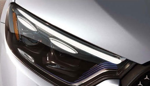 close-up of Mercedes-Benz LED headlight design and lighting detail