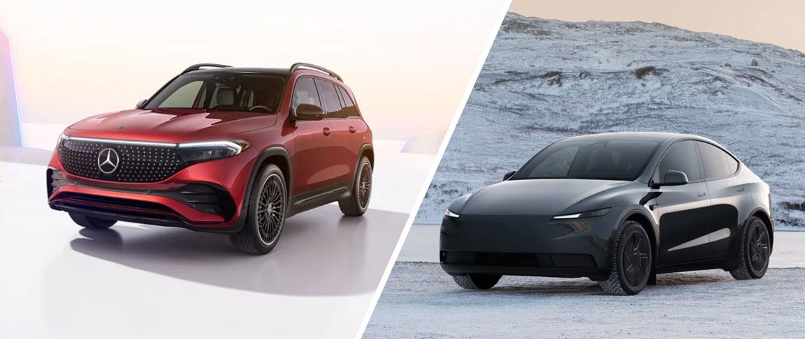 Mercedes-Benz electric SUV compared with black electric crossover SUV in winter setting
