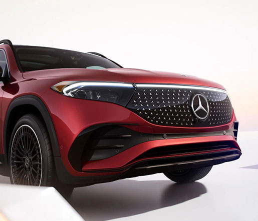 close-up of Mercedes-Benz electric SUV front grille and LED headlights
