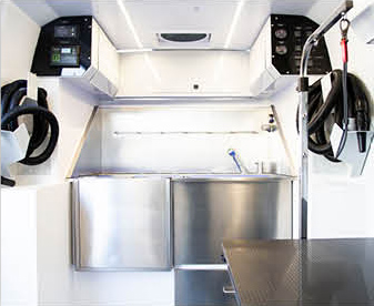 Pet grooming workstation setup inside a Mercedes-Benz Sprinter van
