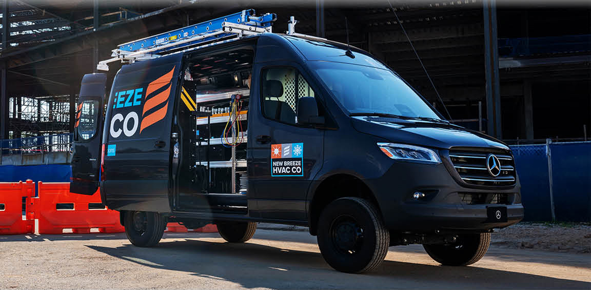 Mercedes-Benz Sprinter service van equipped for HVAC work at a job site