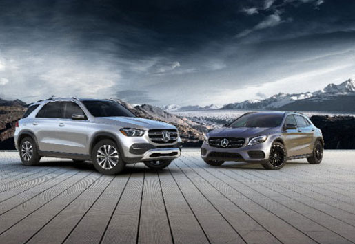 Mercedes-Benz SUV and coupe parked together with mountain landscape backdrop