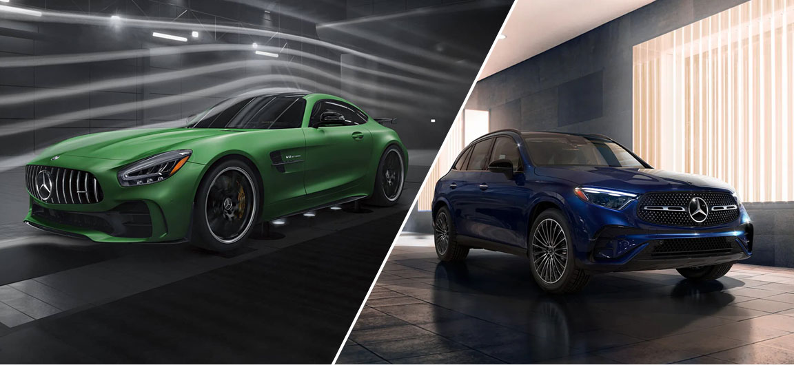 Mercedes-AMG GT sports car and Mercedes performance SUV side-by-side comparison