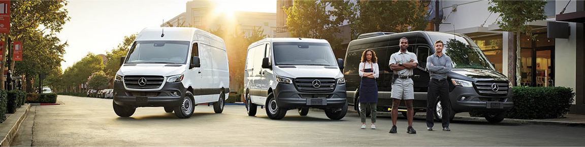 Mercedes-Benz Sprinter cargo, crew, and passenger vans with business professionals showcasing commercial fleet versatility