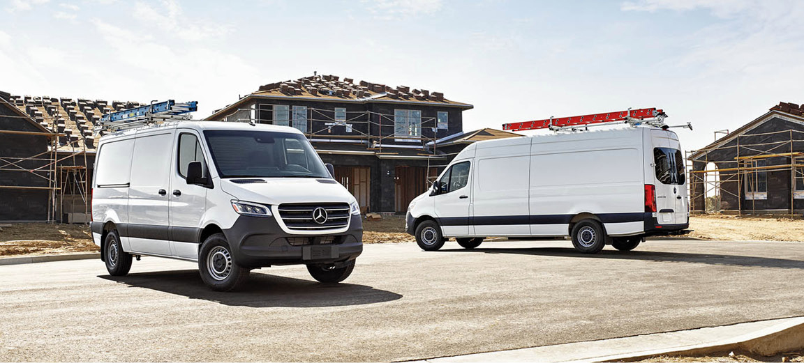 Mercedes-Benz Sprinter work vans at a residential construction site demonstrating contractor and tradesman versatility