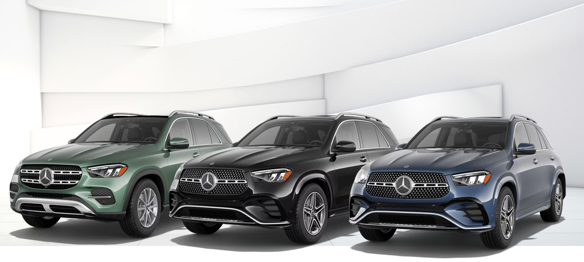 Mercedes-Benz GLE trim comparison featuring multiple exterior styles and color options