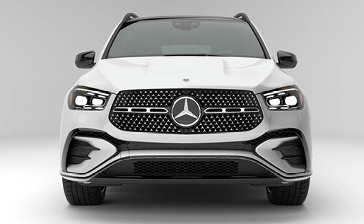 Front view of Mercedes-Benz GLE displaying signature grille, LED headlights, and luxury styling
