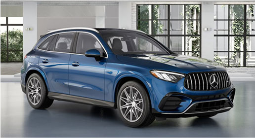Blue Mercedes-AMG GLC luxury performance SUV displayed in a modern showroom environment