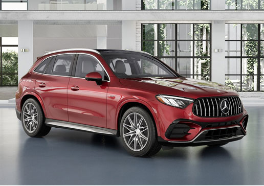 Red Mercedes-AMG GLC SUV showcasing sporty exterior styling, AMG grille, and luxury design details