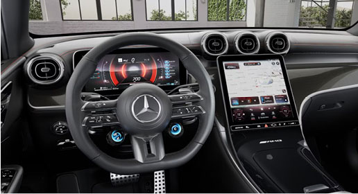 Mercedes-AMG GLC interior with digital driver display, AMG steering wheel, and touchscreen infotainment system