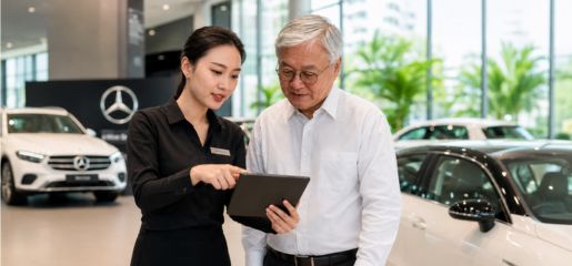 car dealership representative reviewing vehicle information with older customer