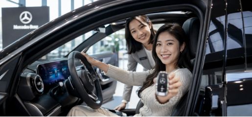 happy customer holding new car keys inside vehicle at dealership