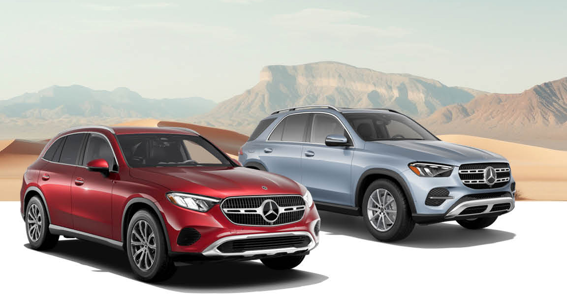 Mercedes-Benz GLC SUV and Mercedes-Benz GLE SUV parked in a desert landscape
