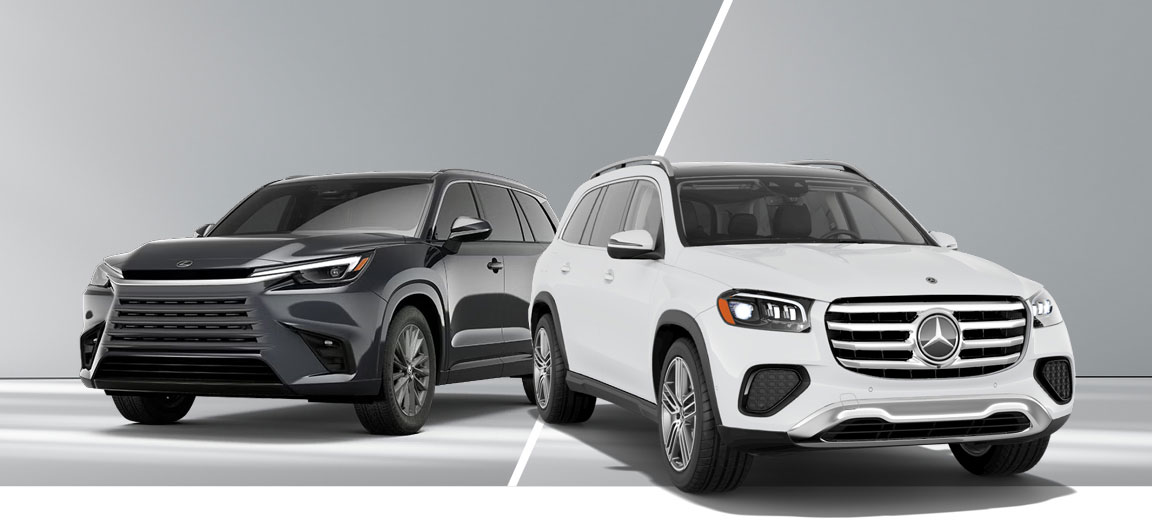 Mercedes-Benz GLS compared with Lexus TX luxury SUVs in a side-by-side comparison highlighting exterior design differences.