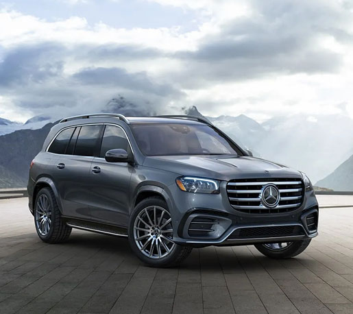 Gray Mercedes-Benz GLS SUV parked with mountain scenery in the background showcasing premium luxury SUV styling.