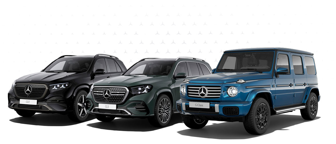 Mercedes-Benz GLE, GLS and G-Class luxury SUV lineup displayed together showcasing the brand's premium SUV family.