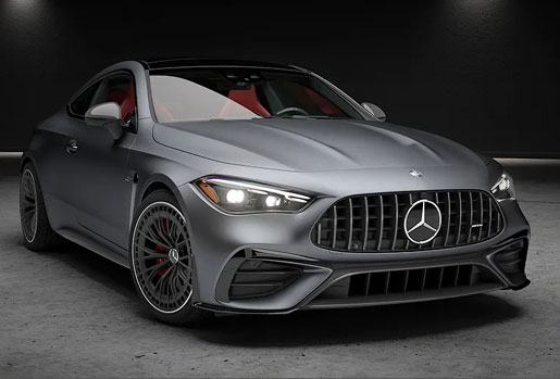Mercedes-AMG CLA Coupe in matte gray finish, featuring aggressive performance styling, signature AMG grille, and athletic luxury design