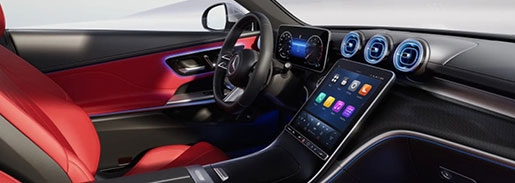 Mercedes-Benz CLA interior featuring a panoramic digital cockpit, premium materials, ambient lighting, and advanced touchscreen technology