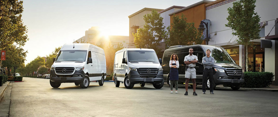 Mercedes-Benz Sprinter commercial van lineup with business owners, showcasing versatile cargo and passenger solutions for growing businesses