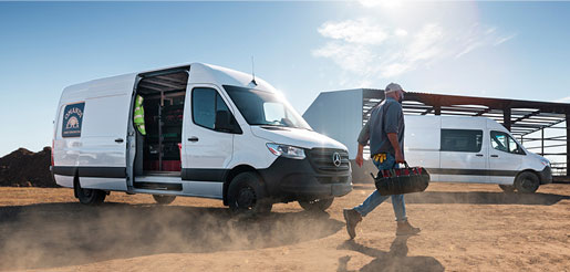 Mercedes-Benz Sprinter cargo van at a jobsite, highlighting commercial capability, mobile workspace functionality, and business productivity