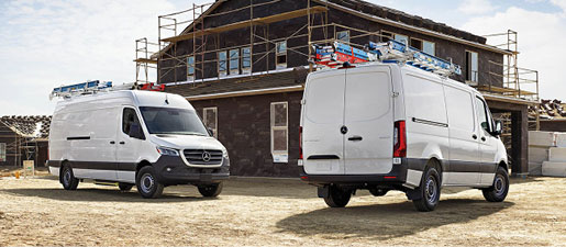 Mercedes-Benz Sprinter work vans at a construction site, emphasizing fleet capability, cargo capacity, and contractor-focused utility