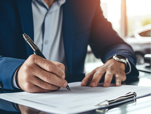 Business professional signing commercial vehicle financing documents, illustrating fleet acquisition, leasing options, and business vehicle financing