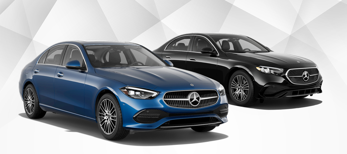 Mercedes-Benz vehicle sedan exterior on white geometric background