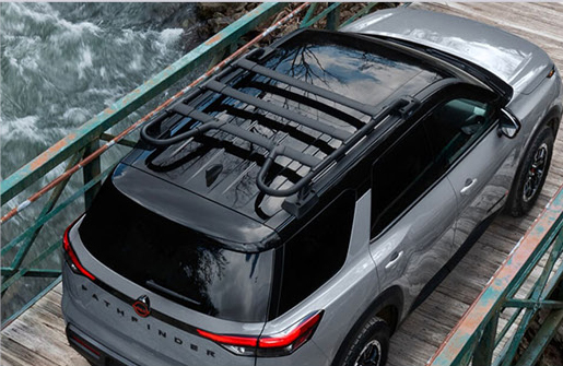 Nissan Pathfinder roof rack system viewed from above demonstrating expanded cargo-carrying versatility for outdoor gear and equipment