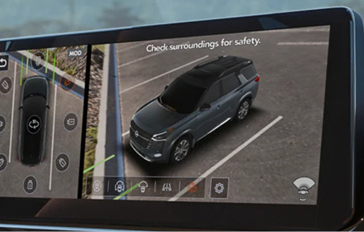 Nissan Pathfinder Intelligent Around View Monitor displaying a 360-degree camera system for easier parking and maneuvering