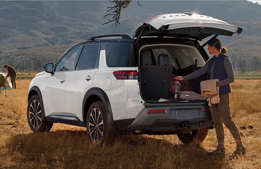 Nissan Pathfinder cargo area with liftgate open demonstrating flexible storage space for gear, luggage, and outdoor adventures