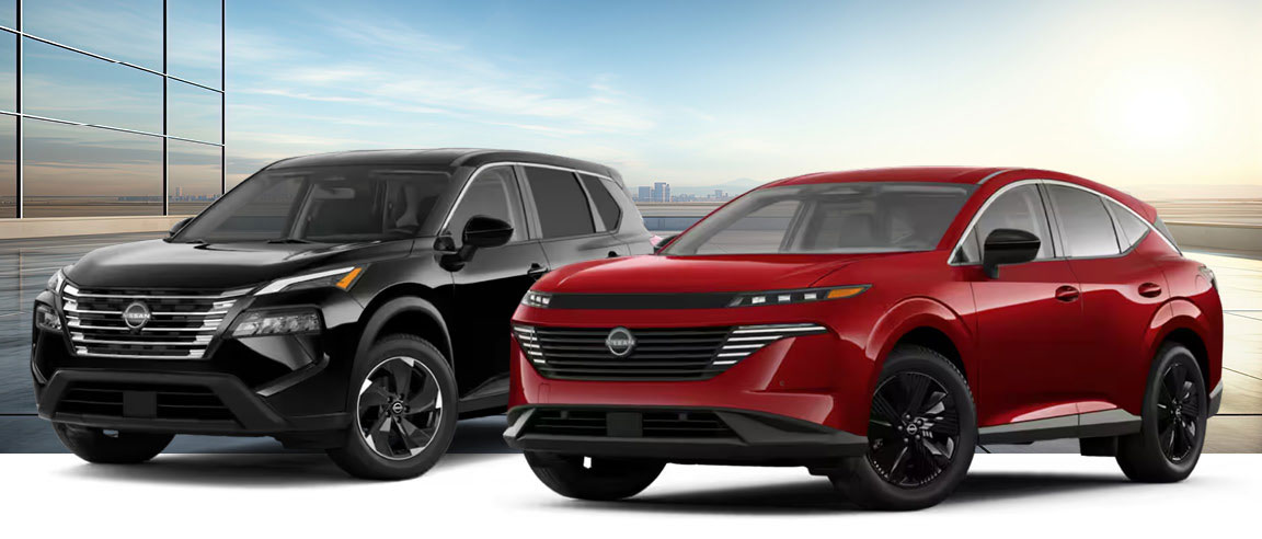 Nissan SUV and crossover comparison showing black Rogue and red electric model