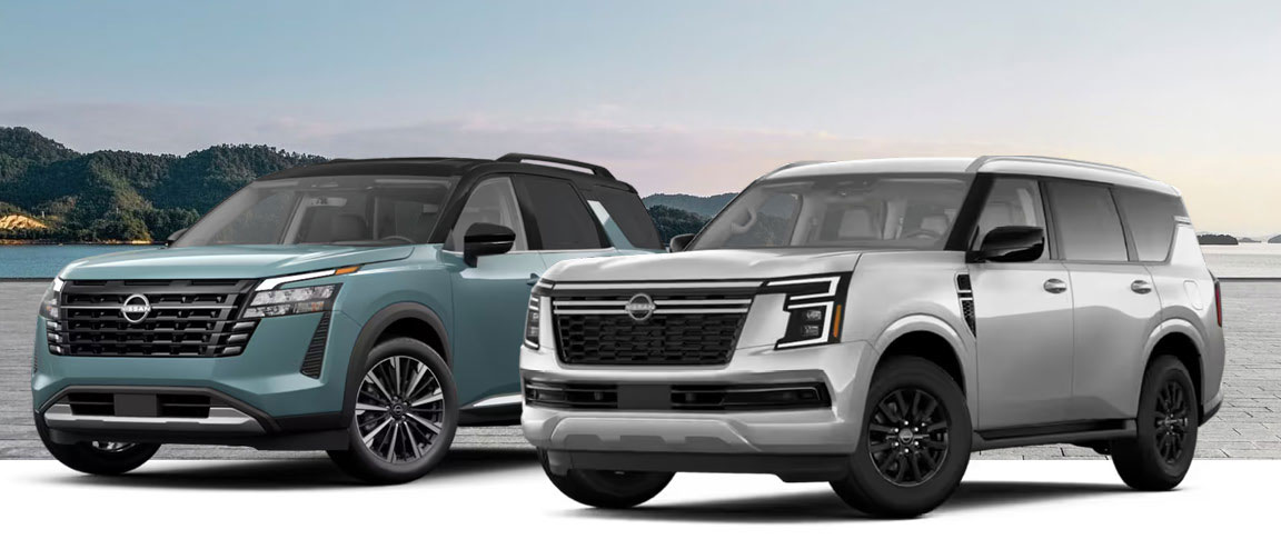 Nissan Pathfinder and Nissan Armada side by side showcasing full-size SUV comparison