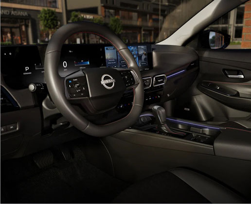 Nissan Sentra interior featuring the digital driver display, widescreen infotainment touchscreen, multifunction steering wheel and modern cockpit design