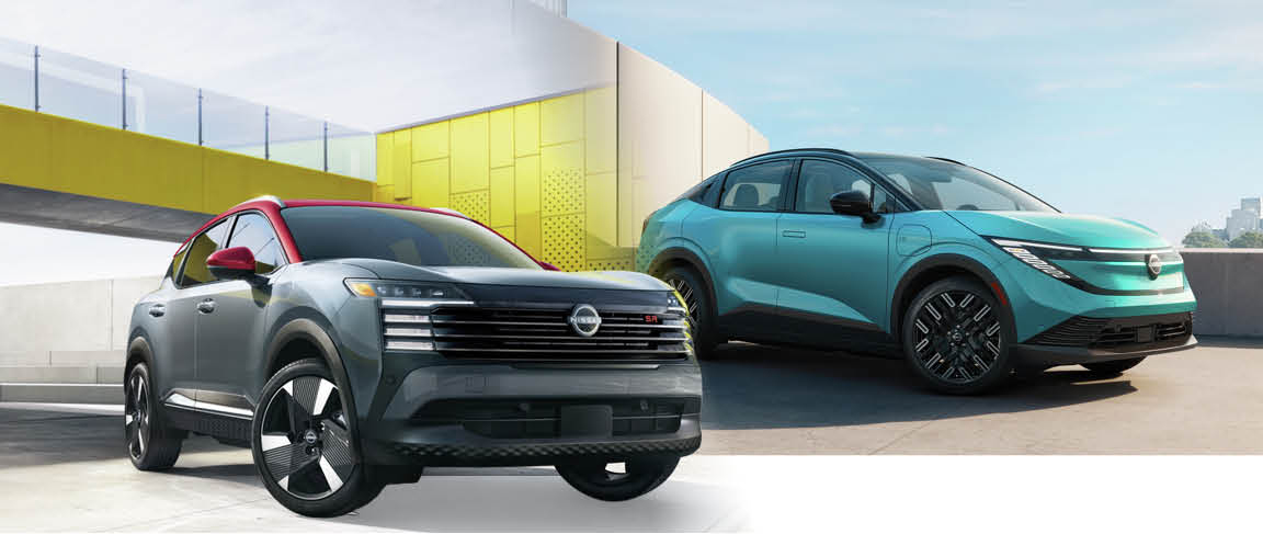Nissan Kicks subcompact SUV shown alongside Nissan Ariya electric SUV in a modern urban setting
