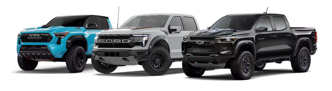 off road pickup truck comparison featuring Toyota Tacoma Ford Raptor and Chevrolet Colorado in studio setting