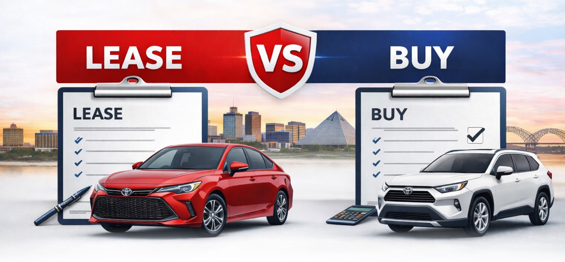 Lease vs buy car comparison showing Toyota sedan and SUV options