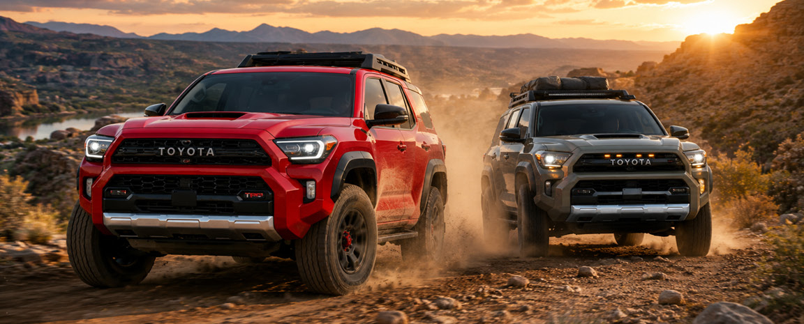 Toyota 4Runner TRD Pro SUVs driving side by side on a rugged desert trail at sunset