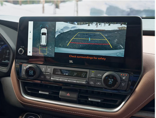 Toyota Grand Highlander infotainment system displaying backup camera and surround-view monitoring technology