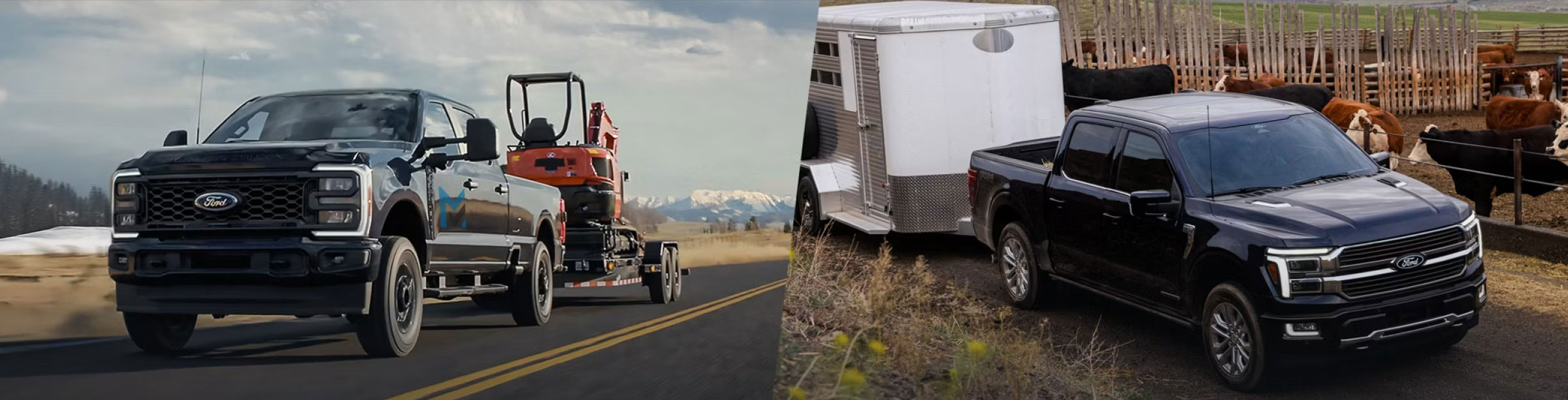 Ford pickup trucks towing trailers and equipment on rural roads and farm settings