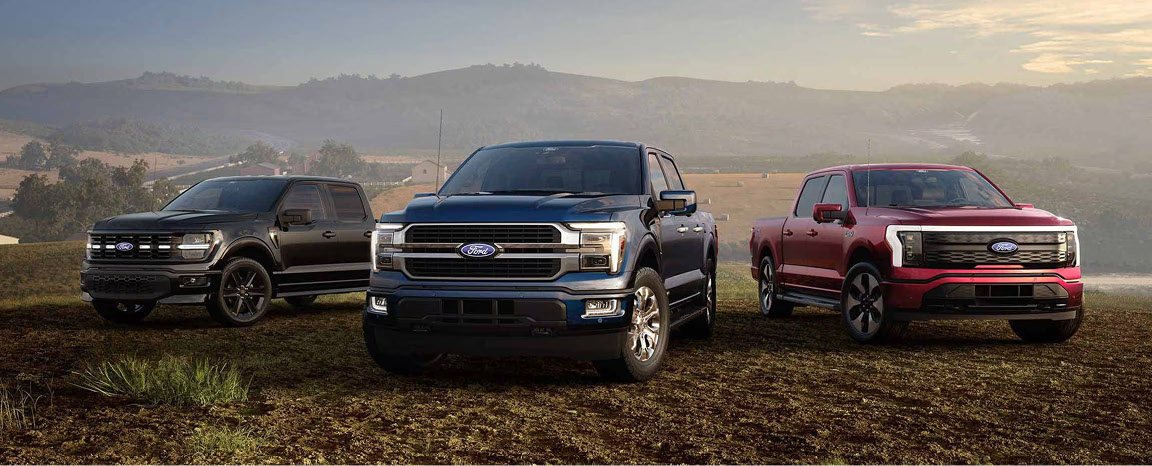 Ford F-150 lineup comparison showcasing multiple trim levels, modern truck styling, and versatile capability options