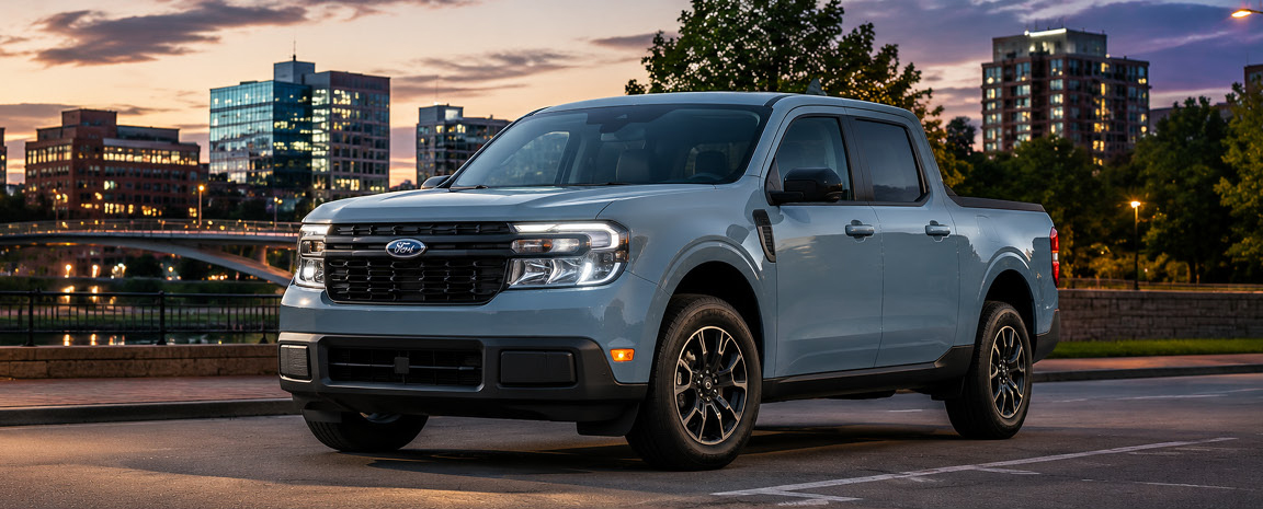 Ford Maverick compact pickup truck parked on a city street with a skyline backdrop at dusk