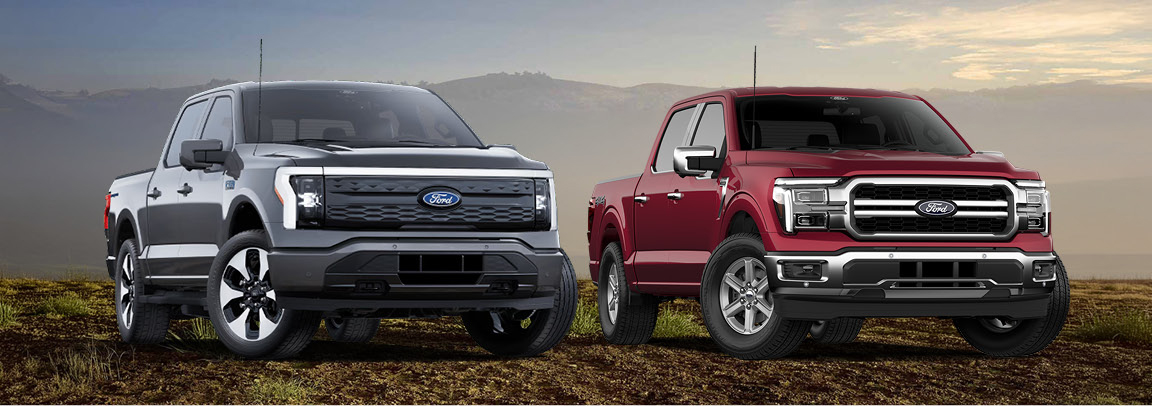Ford F-150 Lightning and Ford F-150 pickup trucks shown side by side