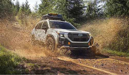 Subaru Forester Wilderness driving through muddy off road terrain