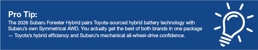 Subaru Forester Hybrid technology information graphic about AWD and hybrid system