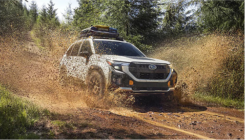 Subaru Forester Wilderness driving through muddy trail off road