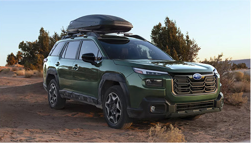 Subaru Outback Wilderness parked in the desert with roof cargo box