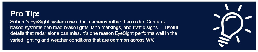Subaru EyeSight driver assist technology graphic explaining camera-based safety system