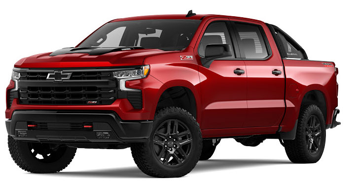 Red Silverado pickup truck with off-road styling on white background